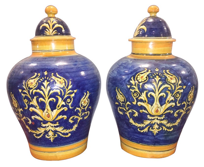 Pair Of Italian Faience Capped Urns (1 of 2)