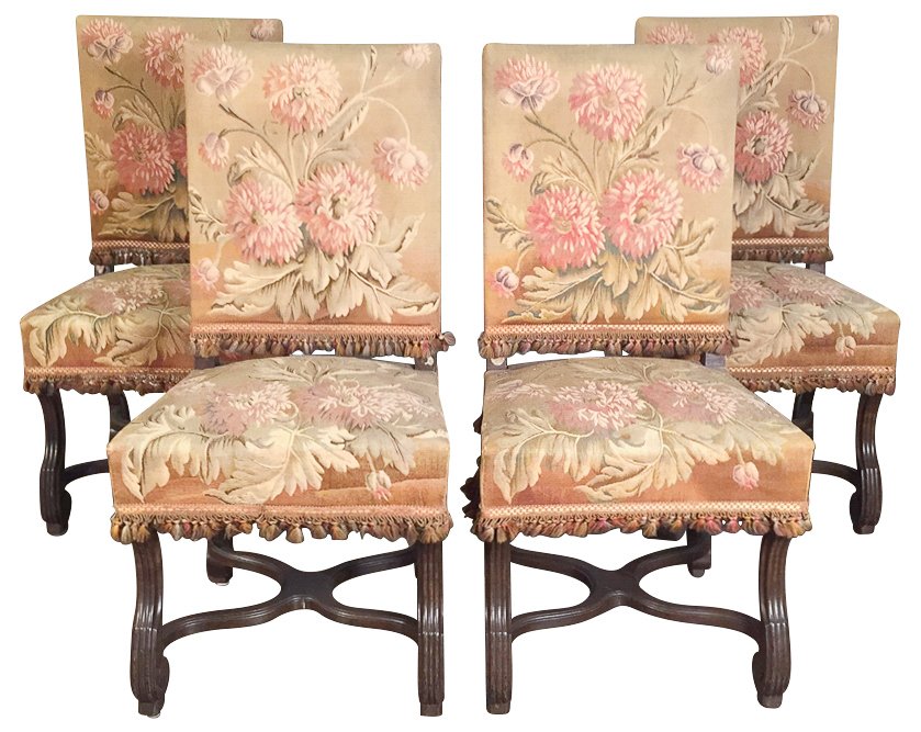 Set Of 4 French Walnut & Aubusson Chairs: 19th C. Good Condition. 40h X 21w X 18d