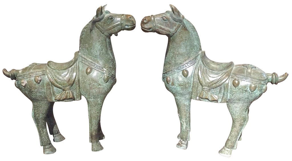 Pair Of Patinated Bronze Tang Style Horses (1 of 5)