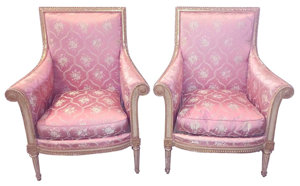 Fine Pair Of French Louis Xvi Bergeres: With Original Gilt And Paint Finish, Expertly Upholstered In Scalamandre Silk, 40h X 32w. 19th C. Excellent Condition. From A Dallas Preston Hollow Estate.