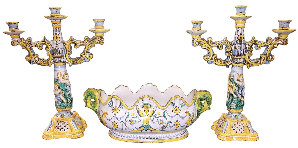 Italian Faience Centerpiece With Pair: of candelabra. 20th c. Candelabra 19"h. Centerpiece 19"w.