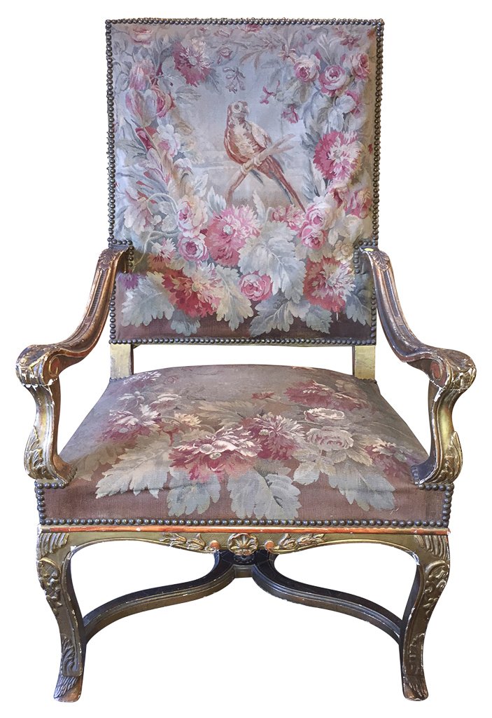 18th C. French Regence Armchair With: Original Gilt Finish And Aubusson Tapestry Upholstery,46.5 H X 28w X 28d. From Ernesto Klun Antiques. Rg906