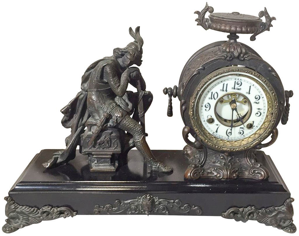 Classical French Figural Clock, Patinated Metal, (1 of 3)
