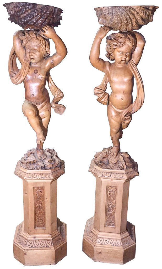 Pair Of 19th C. Carved Pine Cherub Planters (1 of 5)