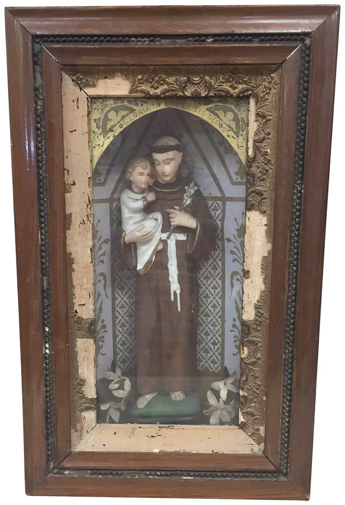 Early South American, Figure Of Saint: original shadowbox frame, 24" x 15", from a Preston Hollow collection