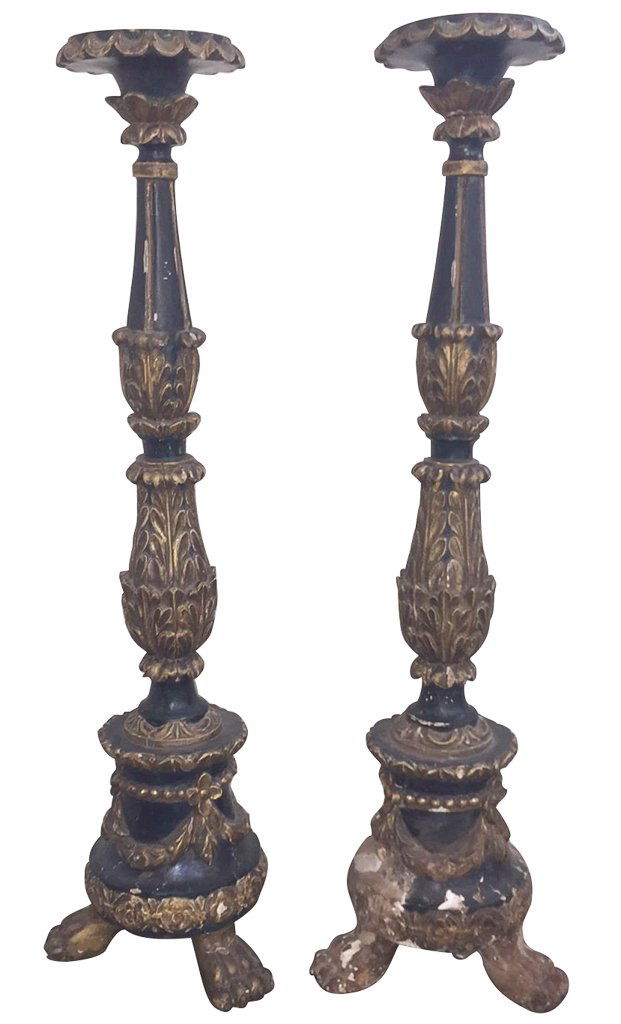 Pair Of Early 18th C. Carved Wood Altar Sticks, (1 of 8)