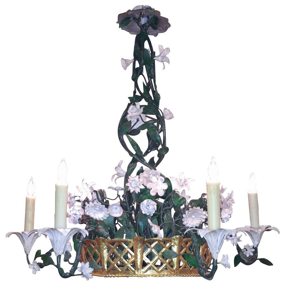 French Gilt & Painted Tole Flower Chandelier (1 of 7)