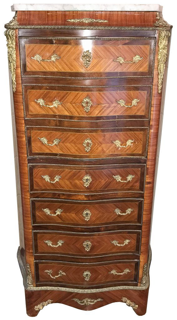 French Kingwood Escritoire, With Drop Lid: Secretary Interior, Serpentine Front, Nicely Mounted With Bronze Hardware And Side Mounts, Topped By A Carrera Marble, 50 Inches High By 25.5 Inches Wide By 13 Inches Deep Circa 1870 With Paris Makers