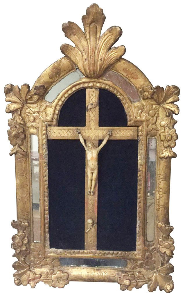 18th Century French Framed Crucifix, With: Mirror Edged Frame, 24 Inches High By 16 Inches Wide, From A Dallas Estate, No Reserve