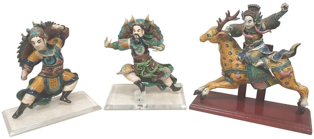 Set Of Three Oriental Warrior Figures, Glazed (1 of 5)