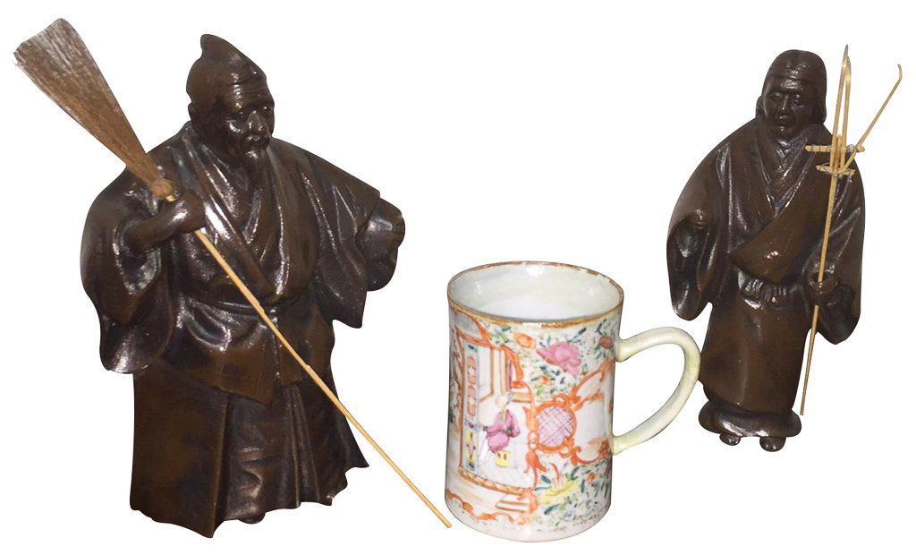 Pair Of Oriental Bronzes & Early Chinese Mug (1 of 4)