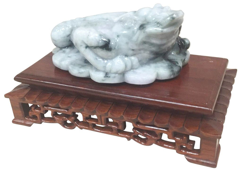 Oriental Jade  Carving Of Frog, On Teak W (1 of 2)