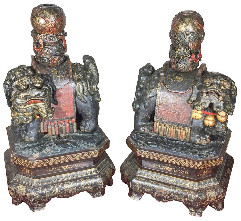 Great Antique Pair Chinese Temple Dogs, Carved (1 of 6)