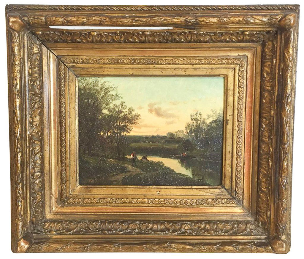 British Oil On Panel, Figures Besides Stream (1 of 4)