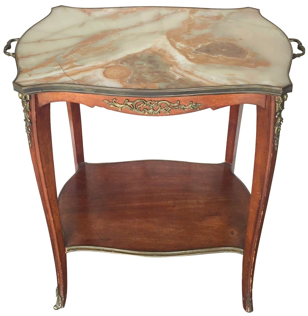 French Mahogany Dessert Table, Louis Xv Style,: with green Onyx top and bronze mounts 29 inches wide by 19 inches deep by 29 inches high