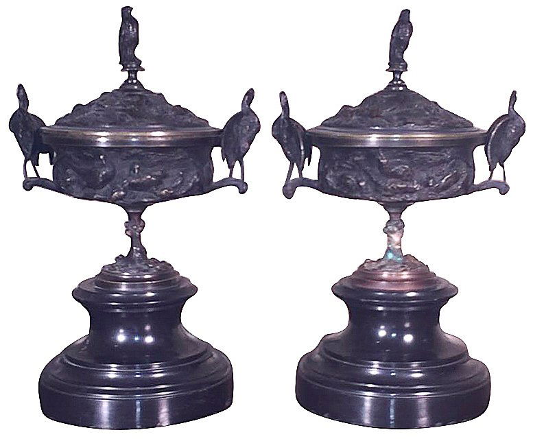 Pr. 19th C. Bronze Capped Urns (1 of 2)