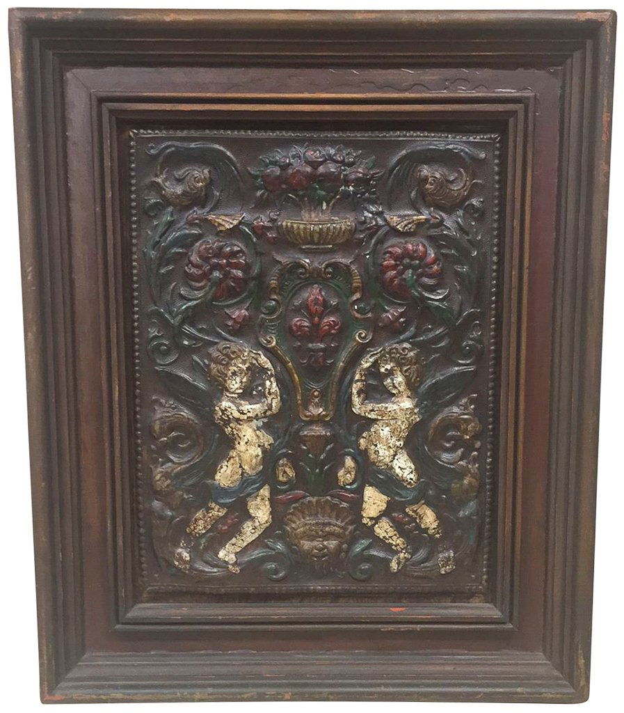 Antique Framed French Embossed Leather Panel, (1 of 3)