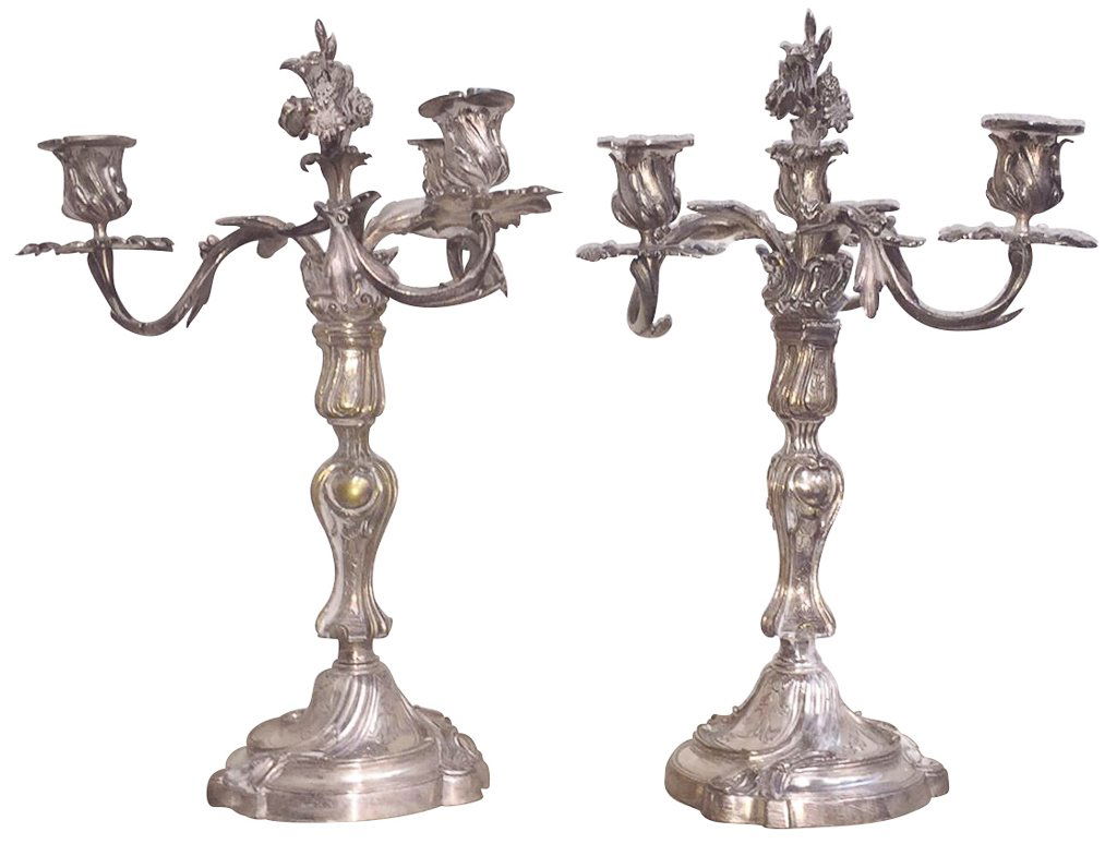 Pr. Antique French Silvered Bronze Candelabra, (1 of 6)
