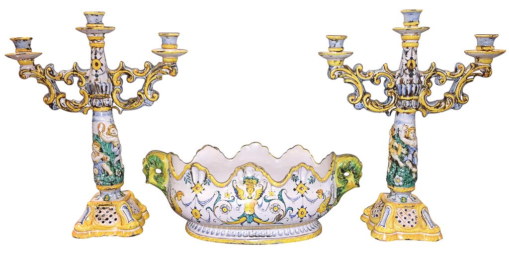 Italian Faience Centerpiece With Pair: Of Candelabra. 20th C. Candelabra 19"h. Centerpiece 19"w.
