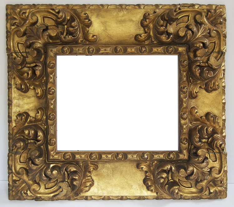 Spanish 17th C. hand carved and gilded frame.: Spanish 17th C. hand carved and gilded antique frame with egg and dart D section top edge, and reverse hollow with leaf corners. Fits Canvas size:11.5 x 15 W: 6