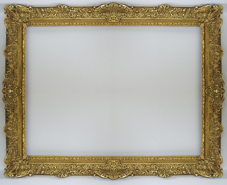 French 18th C. hand carved and gilded Louis XIV frame: French 18th C. hand carved and gilded Louis XIV frame with leaf and sand frieze and scolling leaf and palmette cartouche quarters, flowerhead cartouches centers and leaf cartouche corners. Fits Canvas