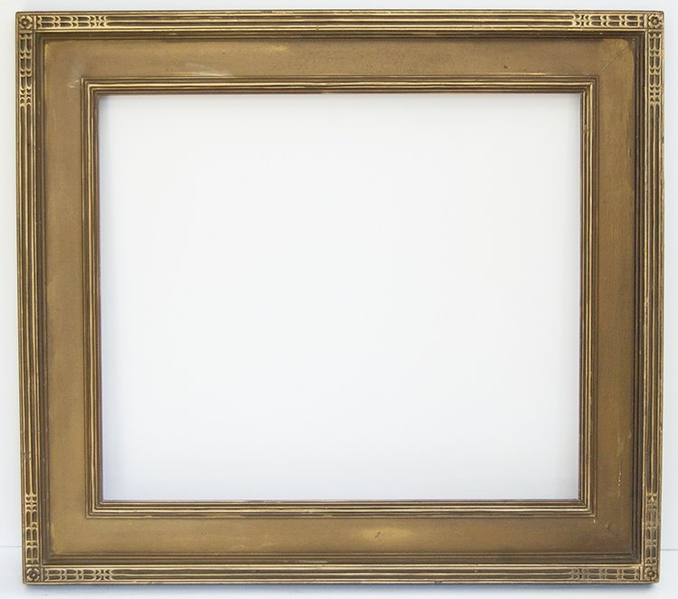 American arts and crafts frame: American 20th C. hand carved and Roman gilded arts and crafts cassetta frame with carved corners. Fits Canvas size:20 x 24 W: 4
