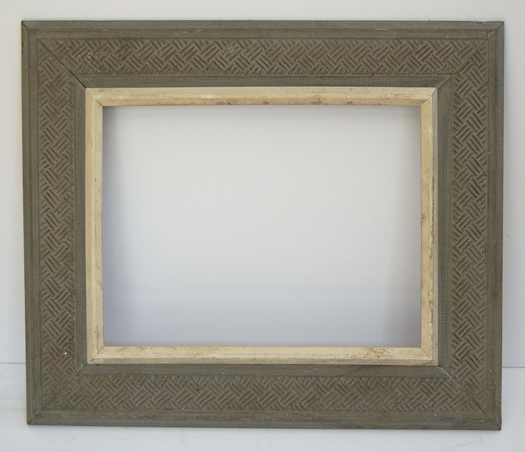 American modernist cassetta frame: American c.1950 hand carved and painted modernist cassetta frame with basket weave panel. Fits Canvas size:12 x 16 W: 4.5