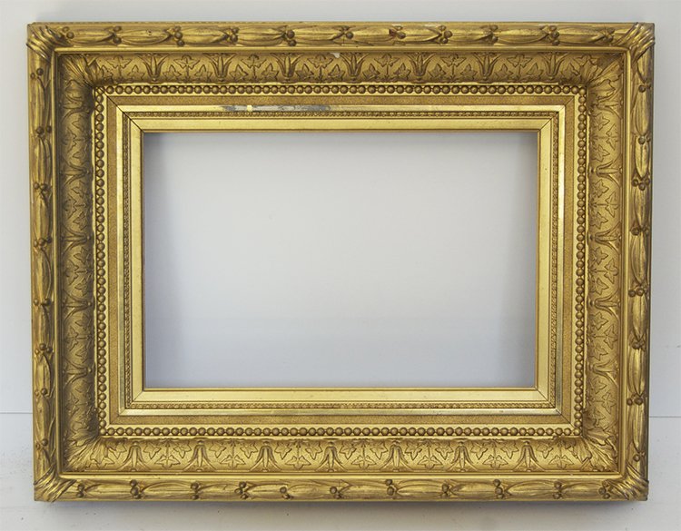 American Hudson River School frame: American 19th C. applied ornament and gilded Hudson River School ogee design cove frame with leaf and berry. Fits Canvas size:10 x 15 W: 4