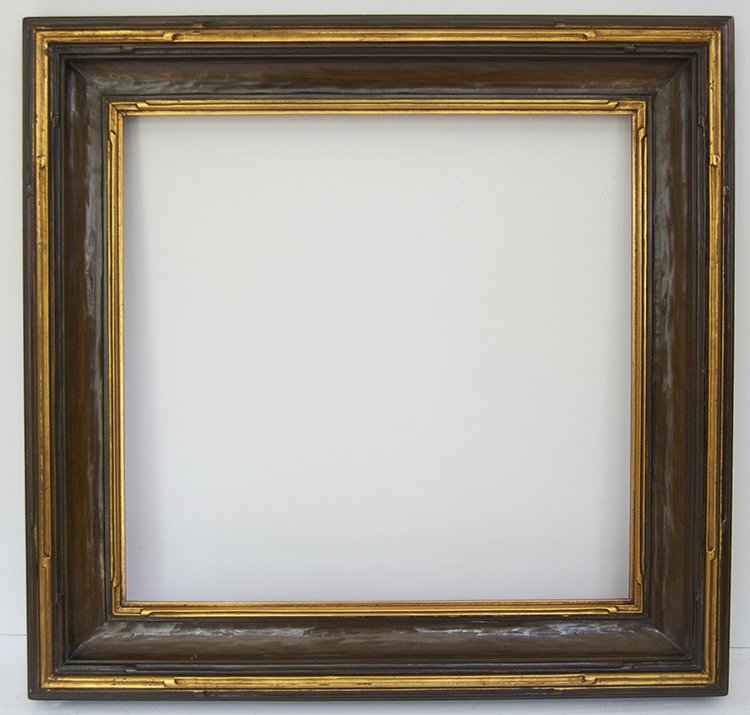 Newcomb Macklin Arts and Crafts frame: American 20th C. hand carved and polychromed arts and crasfts cove frame with corner carvings. Fits Canvas size:20 x 20.5 W: 4