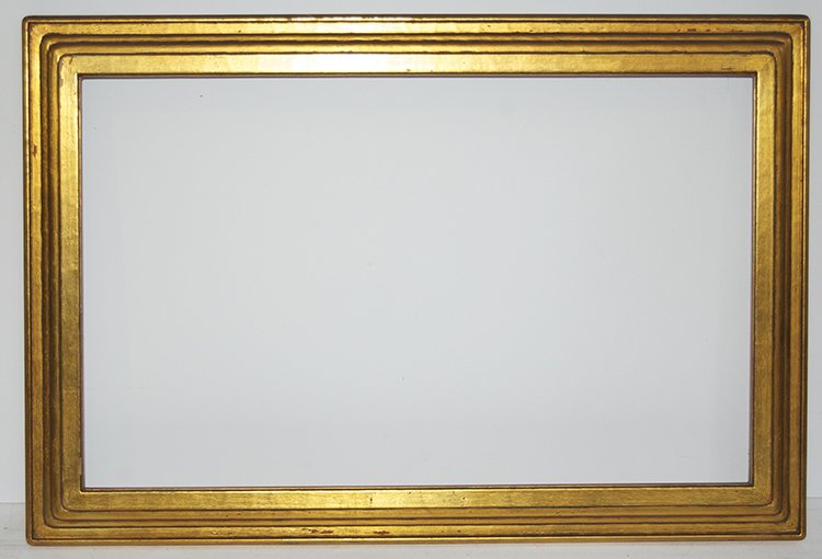 American metal leaf modernist step frame: American 20th C. hand carved and metal leaf modernist step frame. 14 x 23 W: 2