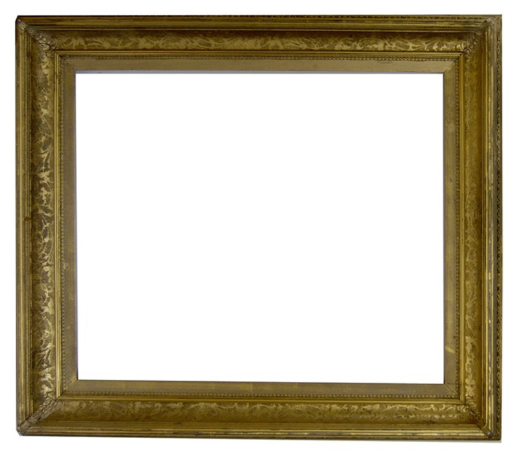 Hudson River School stenciled cove frame: American 19th C. applied ornament and gilded Hudson River School stenciled cove frame with laid leaf corners. 21.5 x 25.5 W: 4