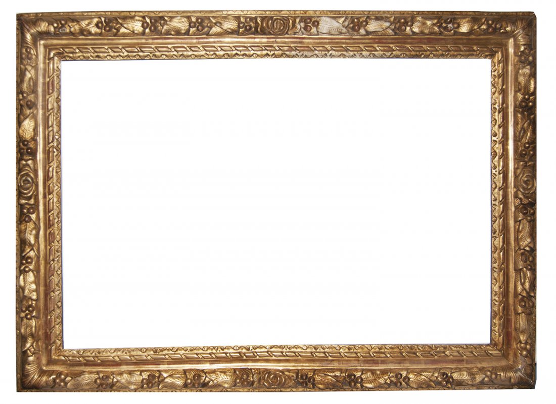 French Louis XIII hand carved and gilded frame: French Louis XIII hand carved and gilded frame with running leaf and berry motif and rope twist. 21 x 31 W: 3.25