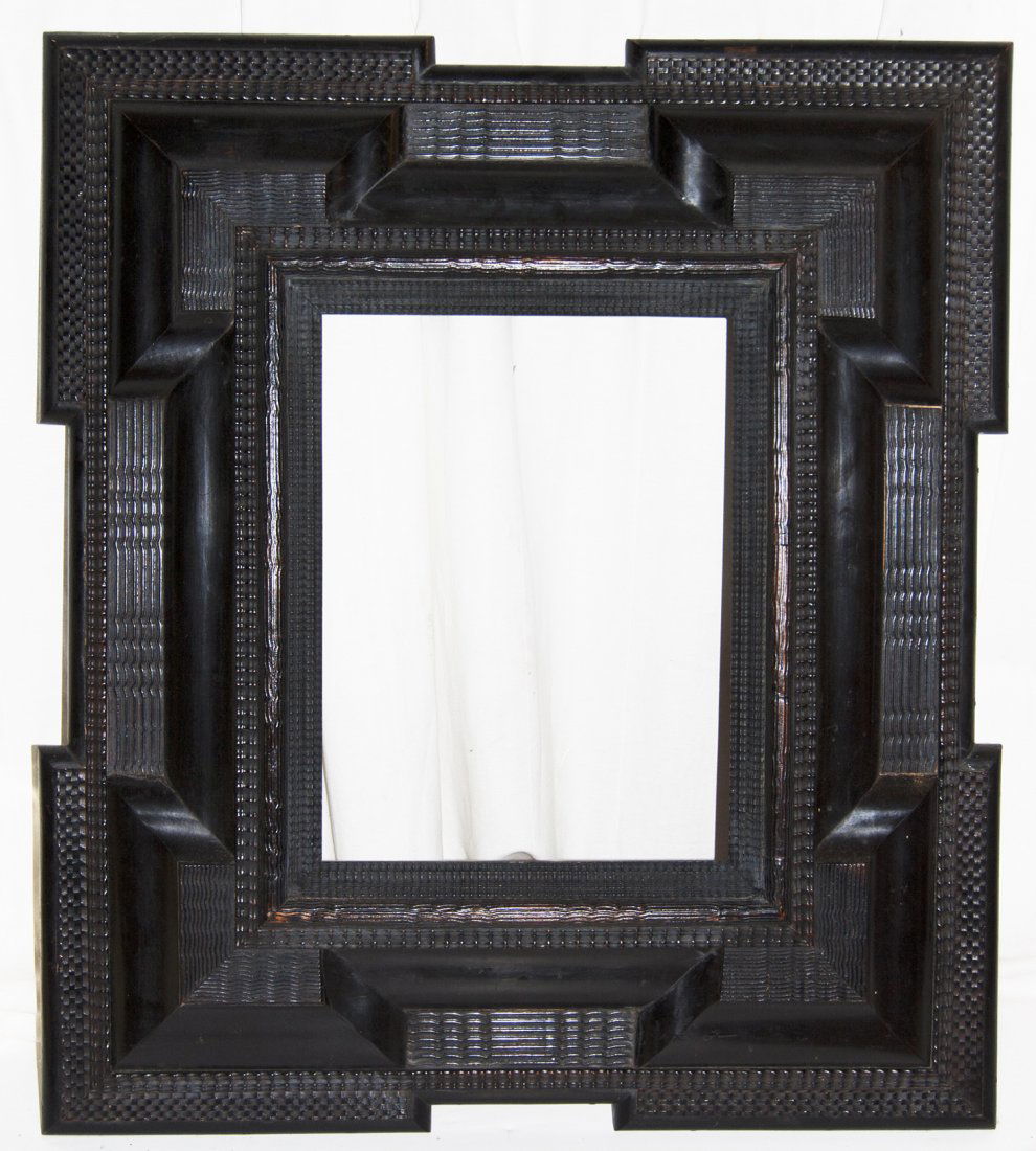 Dutch 18th C. hand carved and ebonized ripple frame: Dutch 18th C. hand carved and ebonized frame with ripple motif and dog eared corners 13 x 17 W: 9