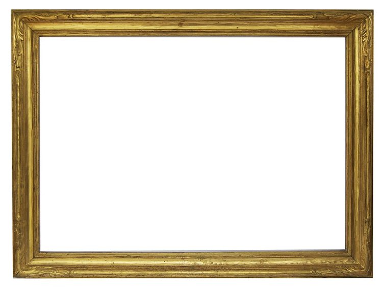 American 20th C. hand carved arts and crafts frame: American 20th C. hand carved and gilded cove frame with western motifs 24 x 34 W:3