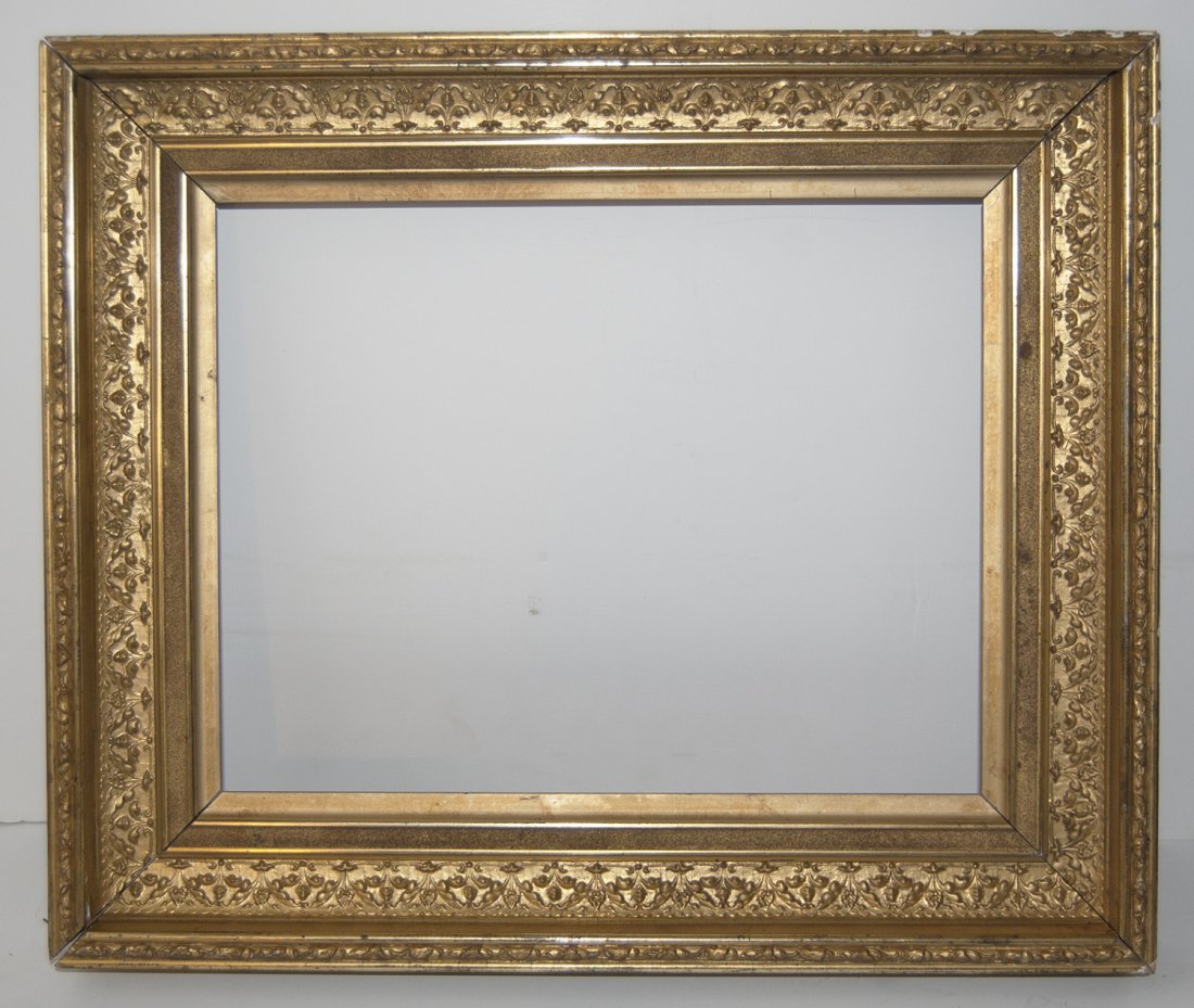 Late Hudson River cove frame with sanded panel: American 19th C. applied ornamnet and gilded late Hudson River designed cove frame with sanded panel.Canvas that frame will accommodate: 10 x 13 Frame width: 2 1/2