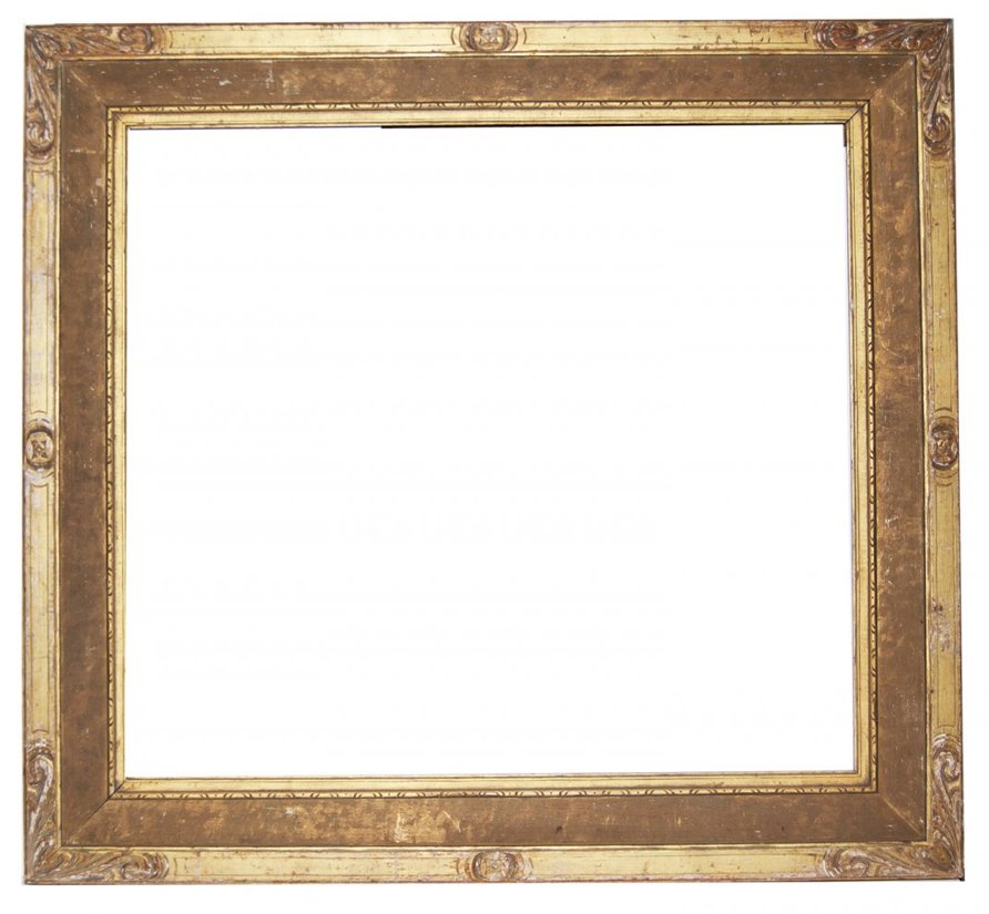 American arts and crafts bevelled frame: American 20th C. haved carved and gilded arts and crafts cassetta frame Canvas that frame will accommodate: 27 x 30 Frame width: 4