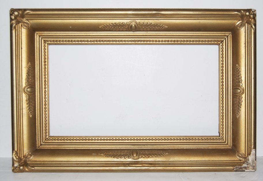 American 19th C. early Hudson River School frame: American 19th C. applied ornament and gilded early Hudson River School reverse cove frame.Canvas that frame will accommodate: 12 x 22 Frame width: 4