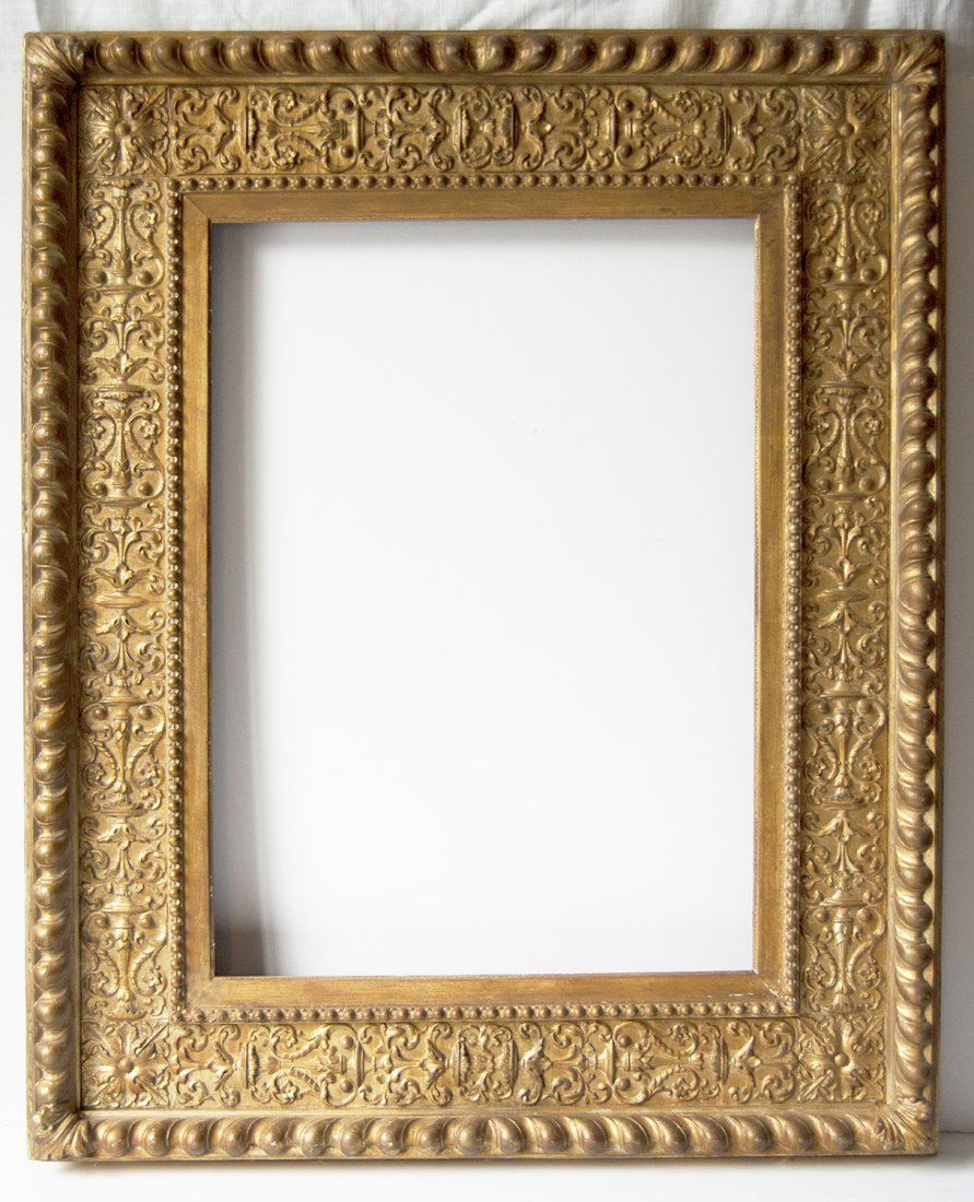 Italian 19th C. gilded cassetta frame: Italian 19th C. applied ornament and gilded cassetta frameCanvas that frame will accommodate: 18 x 25 Frame width: 6