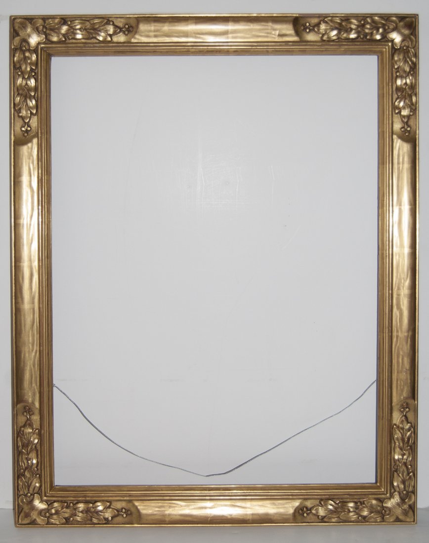 American Arts and Crafts frame: American 20th C. hand carved and gilded arts and crafts frame with corner carvings Canvas that frame will accommodate: 25 x 32 Frame width: 3