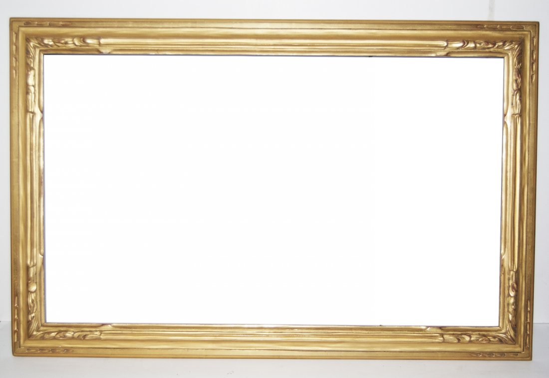 American hand carved and gilded arts and crafts frame: American 20th C. hand carved and gilded arts and crafts frame with corner carvings Canvas that frame will accommodate: 18 x 30 Frame width: 2 1/2