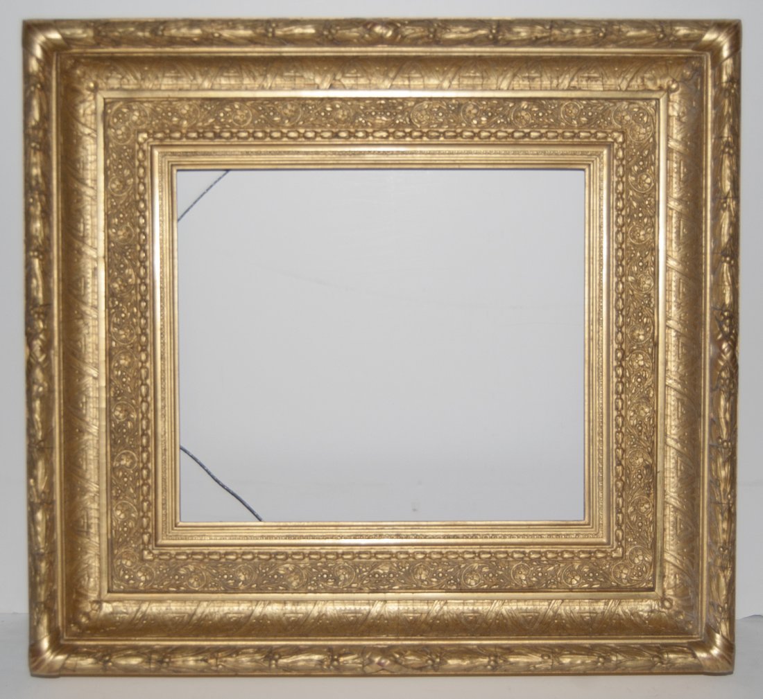 American 19th C. gilded Hudson River School cove frame: American 19th C. applied ornament and gilded Hudson River School cove frame Canvas size frame can accommodate: 12 1/2 x 14 1/2 Frame width: 5