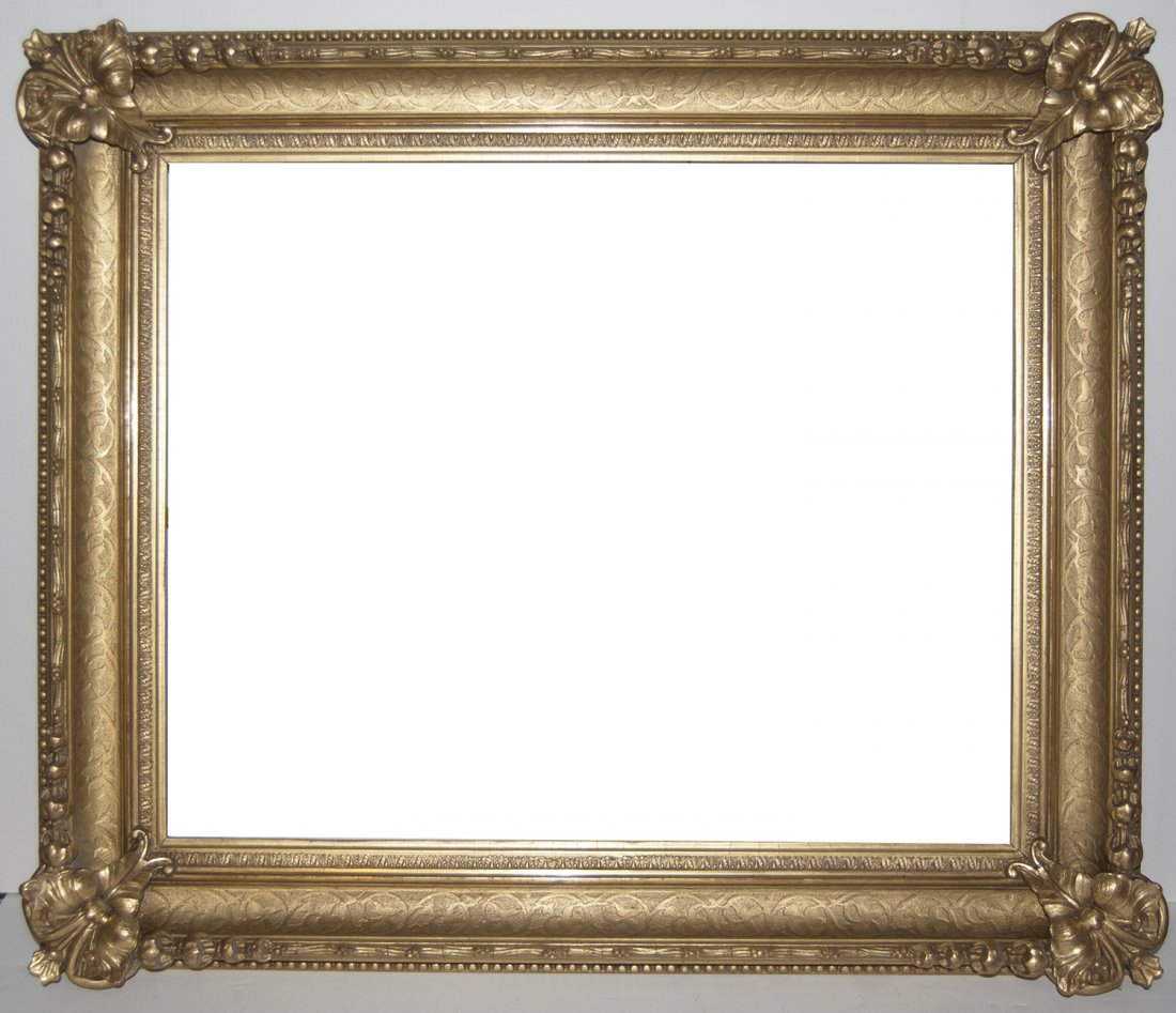 American 19th C. gilded Hudson River School frame: American 19th C. applied ornamnet and gilded Hudson River School stenciled cove frame Canvas size frame can accommodate: 21 x 26 1/2 Frame width: 4