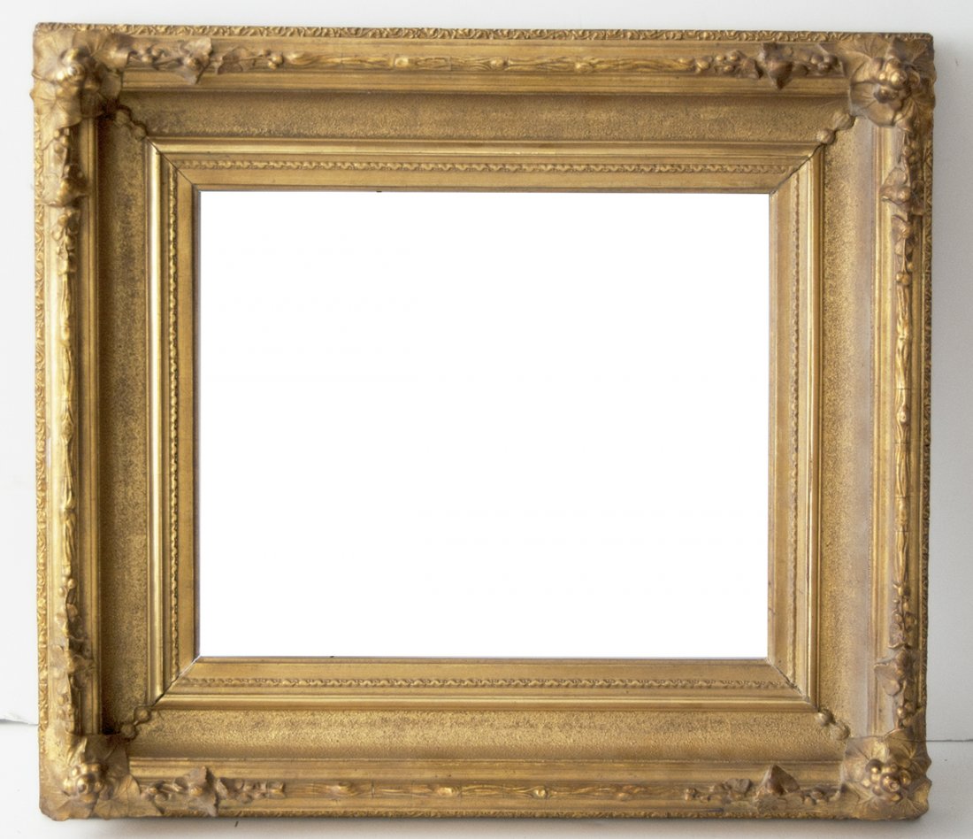 American 19th C. gilded sand, Hudson River School frame: American 19th C. applied ornament and gilded sanded Hudson River School cove frame Canvas size frame can accommodate: 10 1/2 x 13 Frame width: 3 1/2