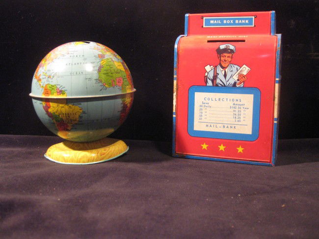 2 Children's Tin Books: 2 Children's Tin Books A- Globe Bank J. Chein & Comp USA 4 1/2" tall B- Mailbox Bank Ohio Art CO 6" Tall