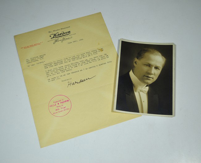 HARDEEN, THEO. Early photograph and SIGNED Letter: HARDEEN, THEO. Early photograph and SIGNED Letter. Addressed to Clayton Rawson on June 24, 1941. Hardeen Mentions James Collins will be with me (Hardeen), you know him. He was with Houdini at the time