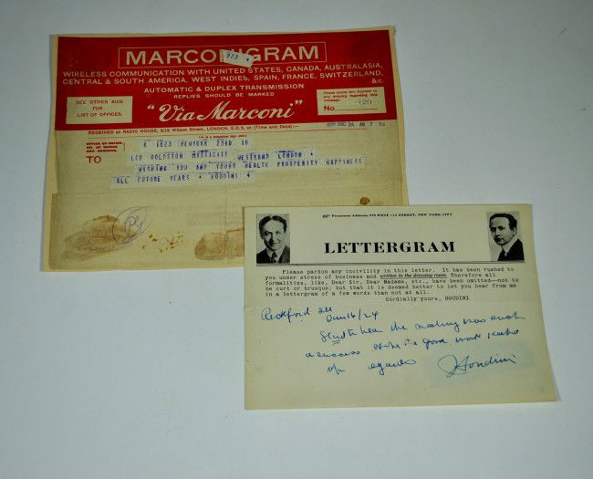 HOUDINI, HARRY. Telegram and SIGNED Letter Gram: HOUDINI, HARRY. SIGNED Letter Gram to unidentified person. Written in Houdini's hand. "Glad to hear the meeting was such a success. Hope the good work keep up. Regards, Houdini (signed). " Also includ