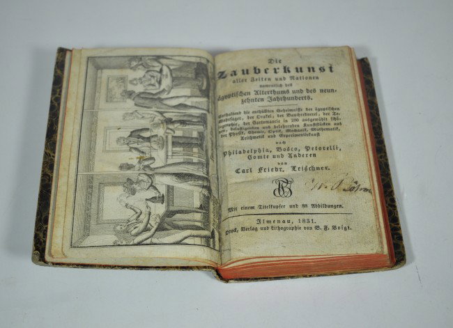 LEISCHNER, CARL FREIDR. Die Zauberkuenst: LEISCHNER, CARL FREIDR. [FERDINAND]. Die Zauberkuenst aller Zeiten und Nationen namentlich des Aegyptischen Alterthums und des neunzehaten Jahrhunderts. 2 plates containing 70 figures; 3-part woodcut 