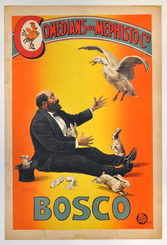 LEROY, TALMA, BOSCO. Bosco & Duck. Lithograph: LEROY, TALMA, BOSCO. Stone lithograph poster of rabbits and a top hat surrounding Bosco as he reaches for a duck. Not a commonly seen image.. Professionally backed with acid free paper and canvas. Con