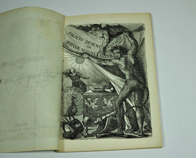 PALACIO DESENCANTADO DE MISTER MACALLISTER: PALACIO DESENCANTADO DE MISTER MACALLISTER. Woodcuts, full page frontispiece illustration of devil-like performer displaying a fully set stage. 54 pages. 16mo, light green paper covers. Madrid: F. Fue