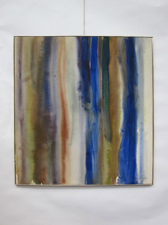 SHERMAN CONTEMPORARY ACRYLIC ON CANVAS: Abstract in blue and brown. Signed, dated 1977 lower right. 55 x 42"